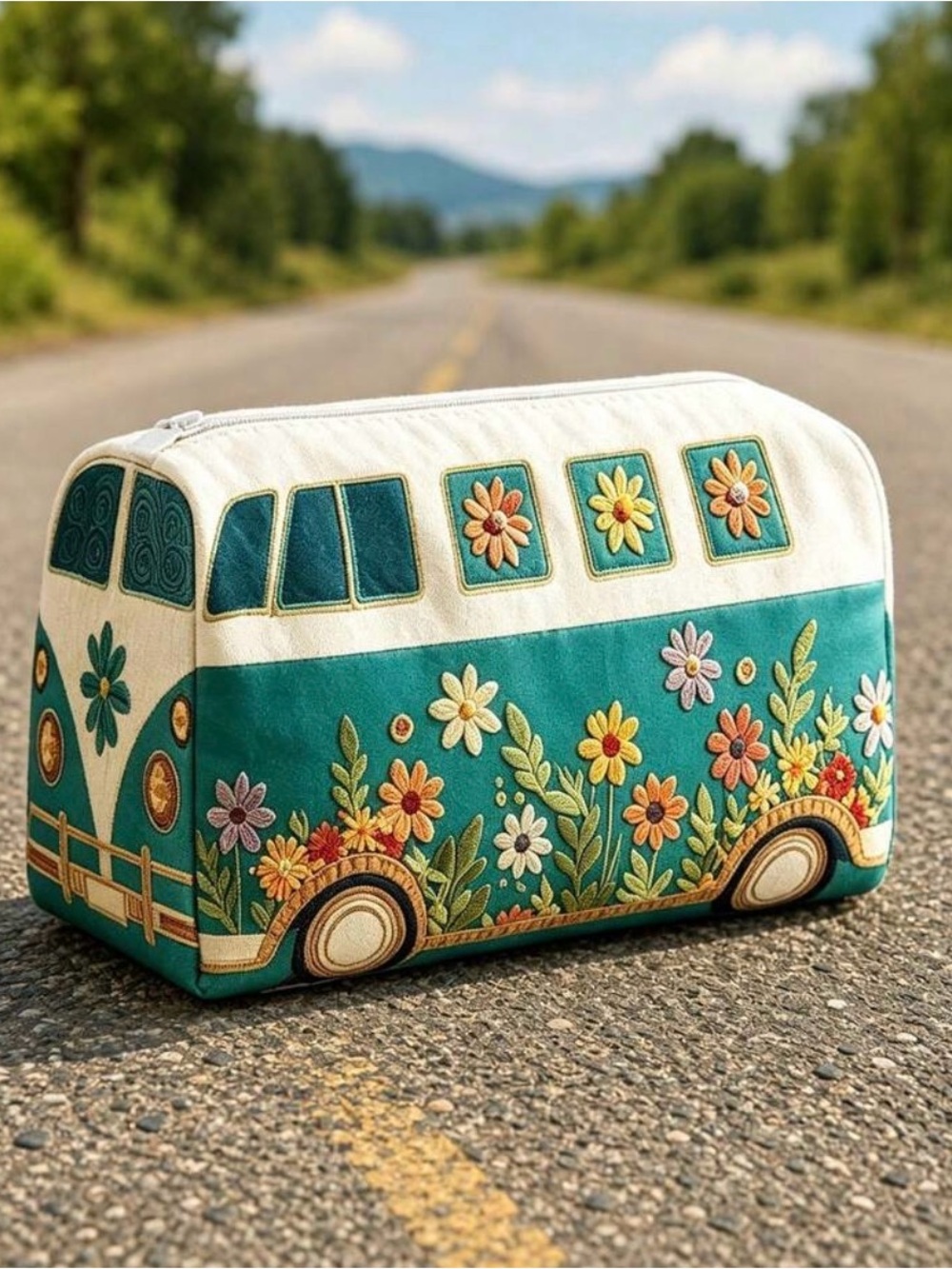 Teal Floral Embroidered Canvas Cosmetic Bag